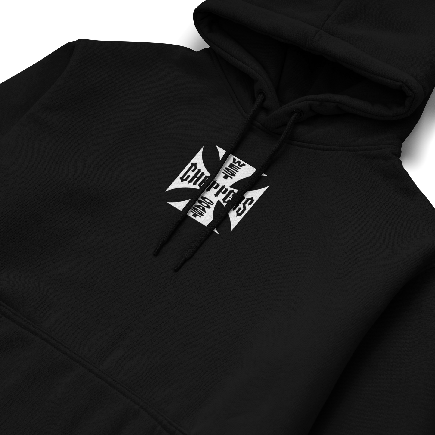 Black and white hoodies featuring the West Coast Choppers iron cross logo on the front and back, with “Long Beach, CA” typography in bold biker style.