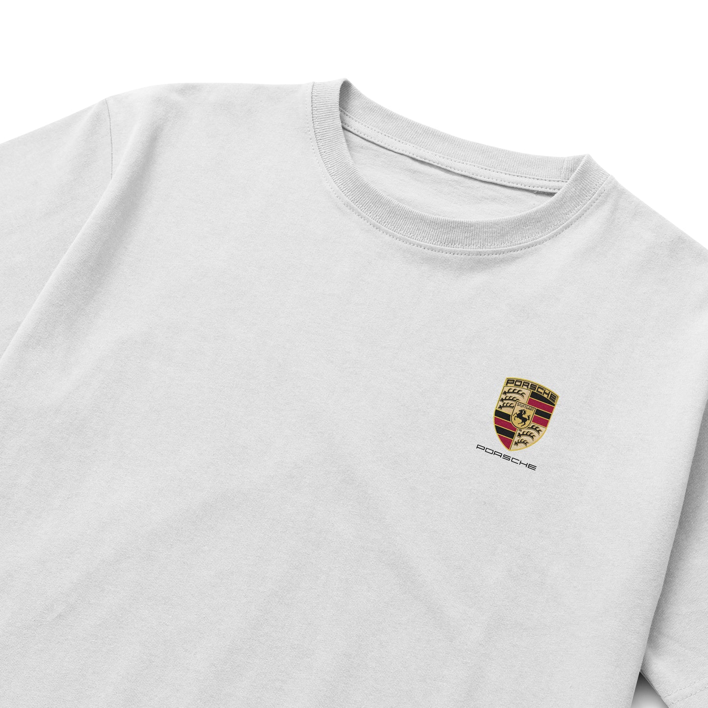 Black and white T-shirts featuring the Porsche crest on the front and a detailed 911 GT3 RS car illustration on the back, with performance specs and German flag design.