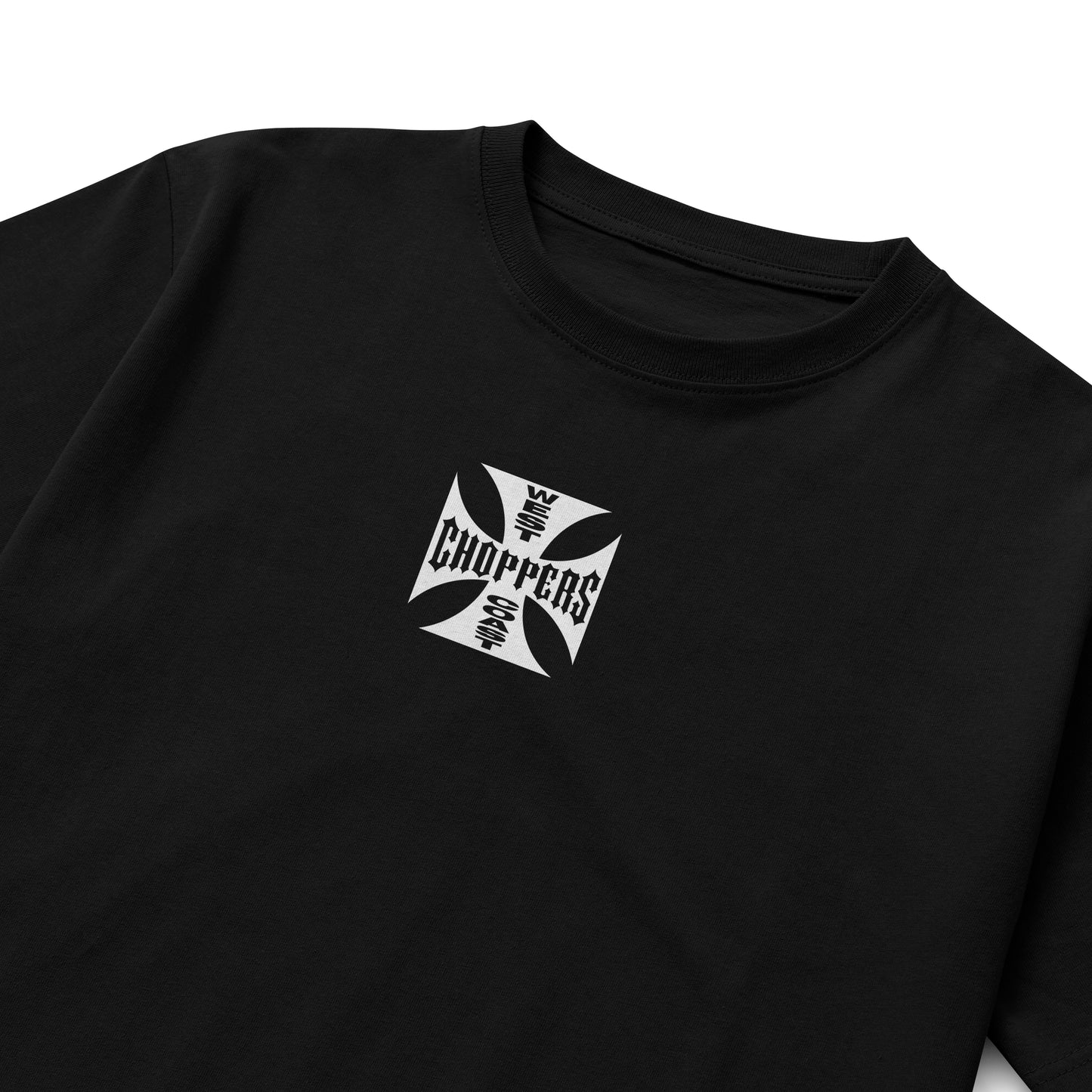 Black and white T-shirts featuring the West Coast Choppers iron-cross logo on the chest and back, inspired by Brian O’Conner’s street-racing style.