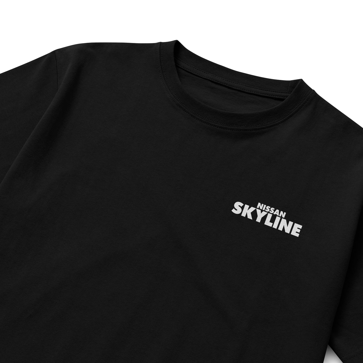 Black and white T-shirts featuring detailed blueprints and an illustration of the Nissan Skyline GT-R R34 with bold “NISSAN SKYLINE” lettering in blue.