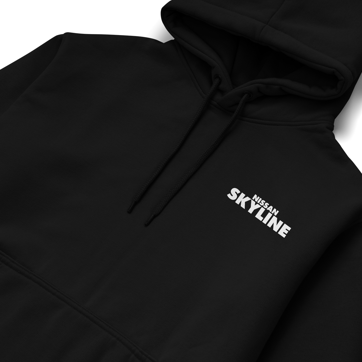 Black and white hoodies featuring the Nissan Skyline GT-R R34 “Bullet” graphic on the back, showing the blue car design, and minimalist “Nissan Skyline” text on the front.