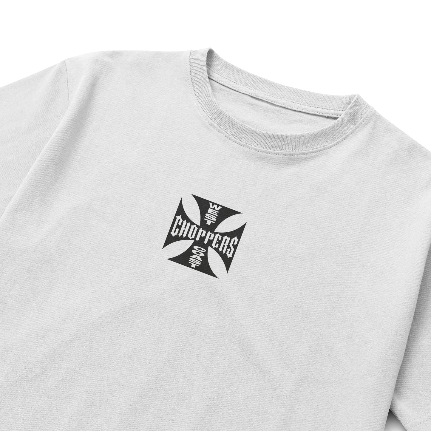 Black and white T-shirts featuring the West Coast Choppers iron-cross logo on the chest and back, inspired by Brian O’Conner’s street-racing style.