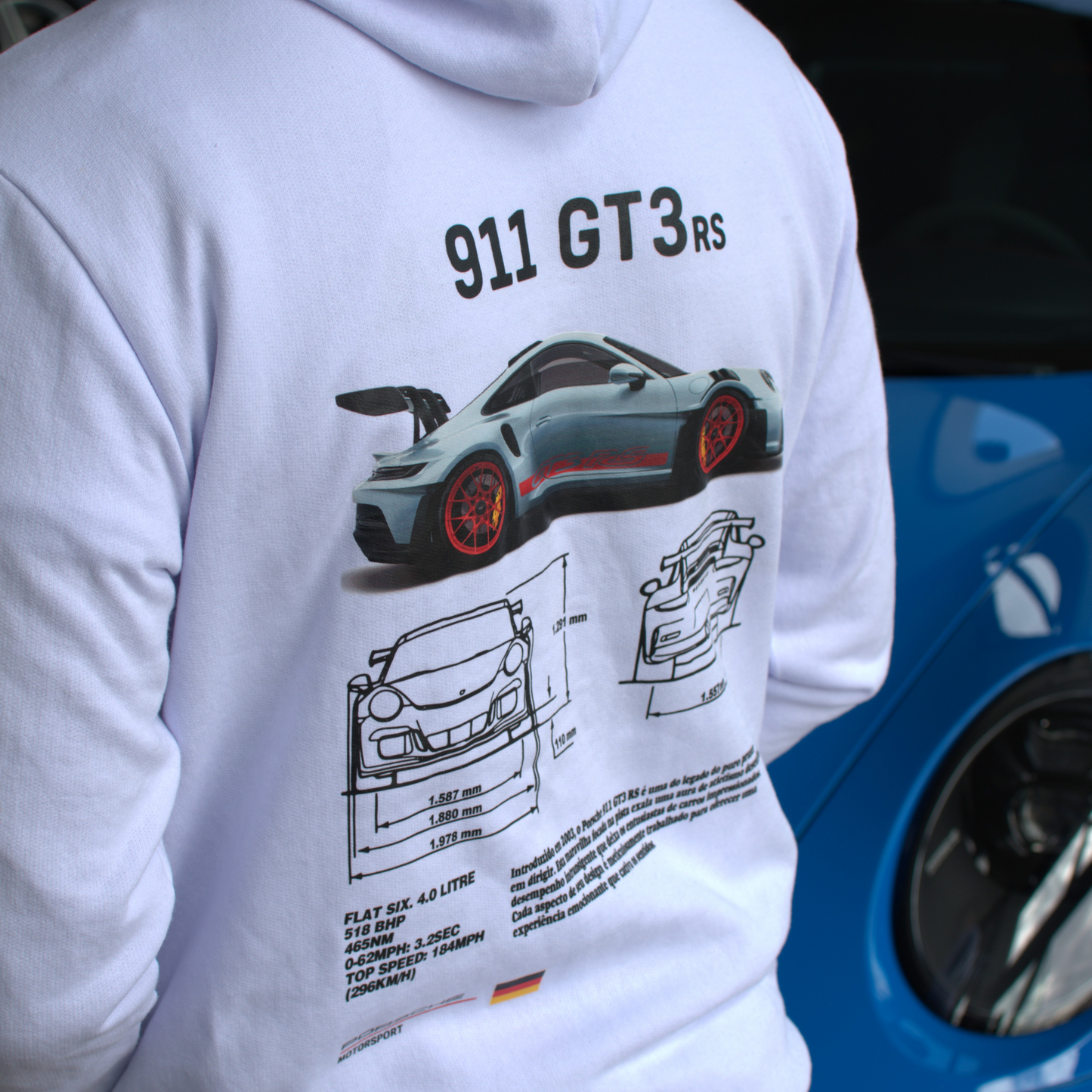 Black and white hoodies inspired by the Porsche 911 GT3 RS, featuring a sporty design with Porsche Club branding and premium automotive styling.