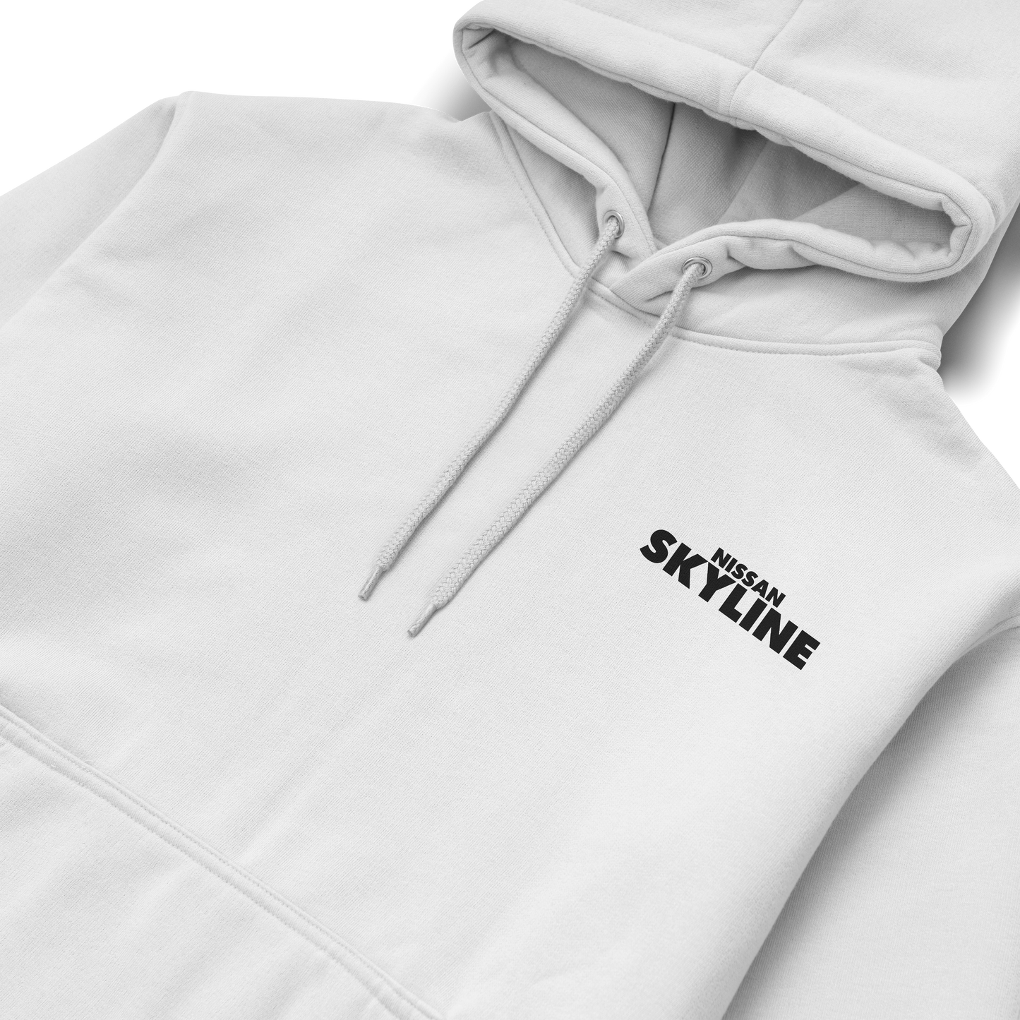 Black and white hoodies featuring the Nissan Skyline GT-R R34 “Bullet” graphic on the back, showing the blue car design, and minimalist “Nissan Skyline” text on the front.