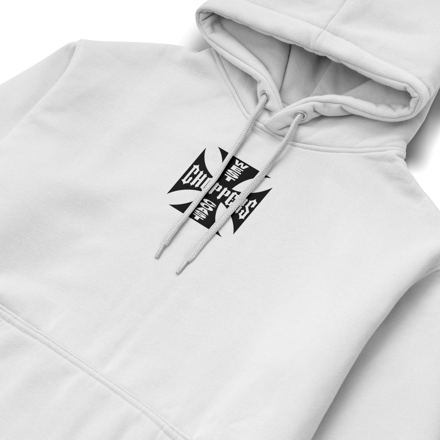 Black and white hoodies featuring the West Coast Choppers iron cross logo on the front and back, with “Long Beach, CA” typography in bold biker style.