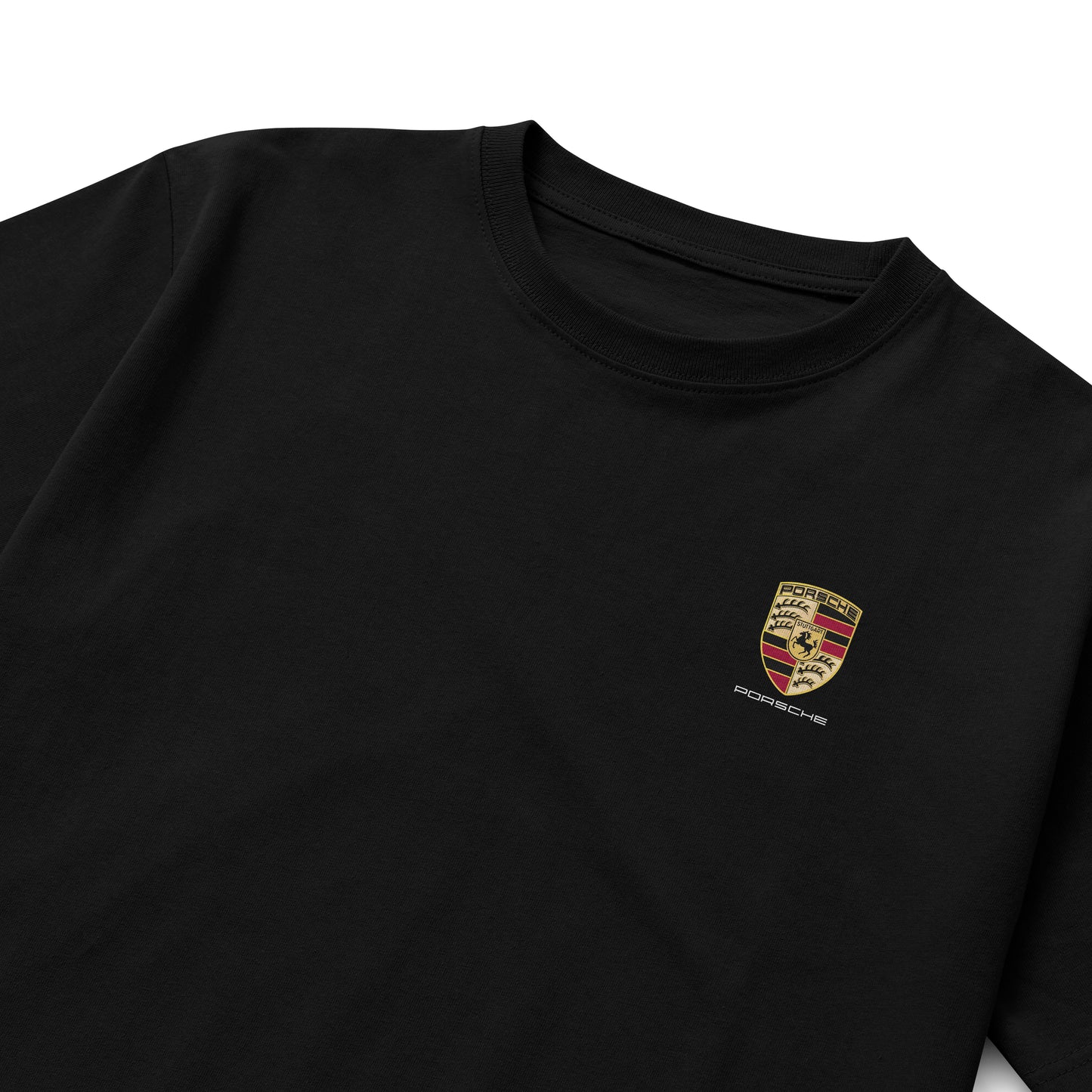 Black and white T-shirts featuring the Porsche crest on the front and a detailed 911 GT3 RS car illustration on the back, with performance specs and German flag design.