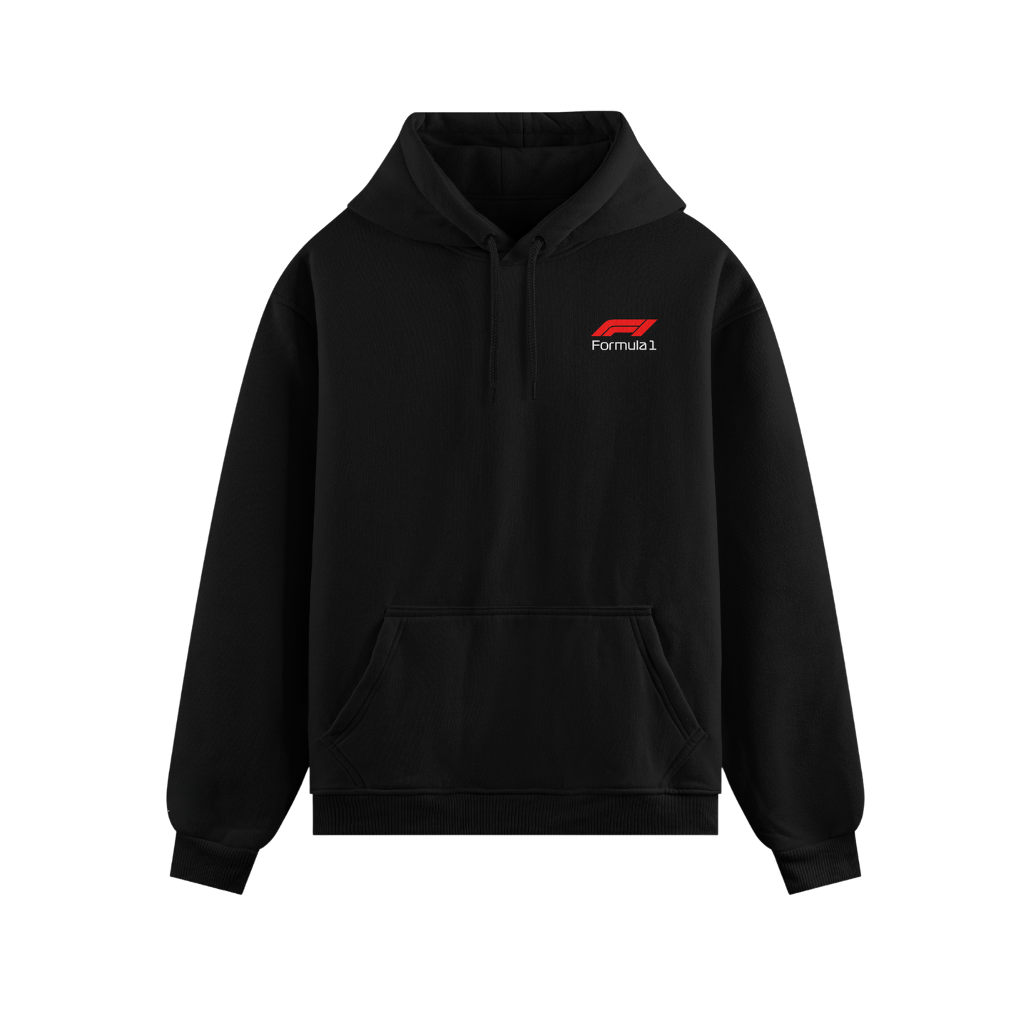 Black and white Formula 1 hoodies featuring Verstappen’s name and Red Bull RB20 car graphic on the back, and a minimalist red Formula 1 logo on the front chest