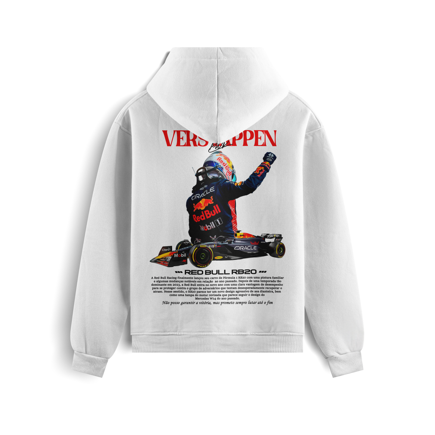 Black and white Formula 1 hoodies featuring Verstappen’s name and Red Bull RB20 car graphic on the back, and a minimalist red Formula 1 logo on the front chest