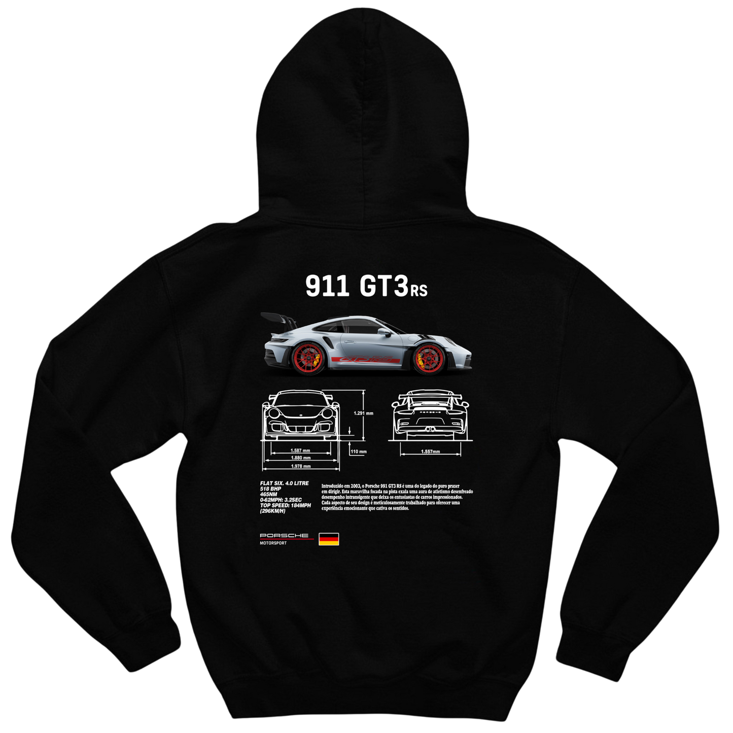 Black and white hoodies inspired by the Porsche 911 GT3 RS, featuring a sporty design with Porsche Club branding and premium automotive styling.