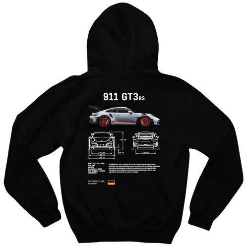 Black and white hoodies inspired by the Porsche 911 GT3 RS, featuring a sporty design with Porsche Club branding and premium automotive styling.