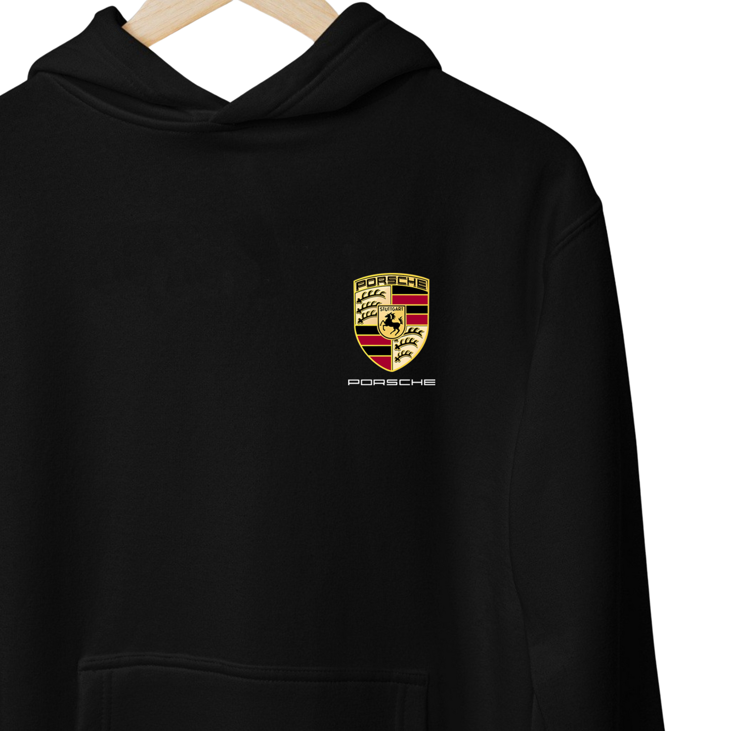 Black and white hoodies inspired by the Porsche 911 GT3 RS, featuring a sporty design with Porsche Club branding and premium automotive styling.