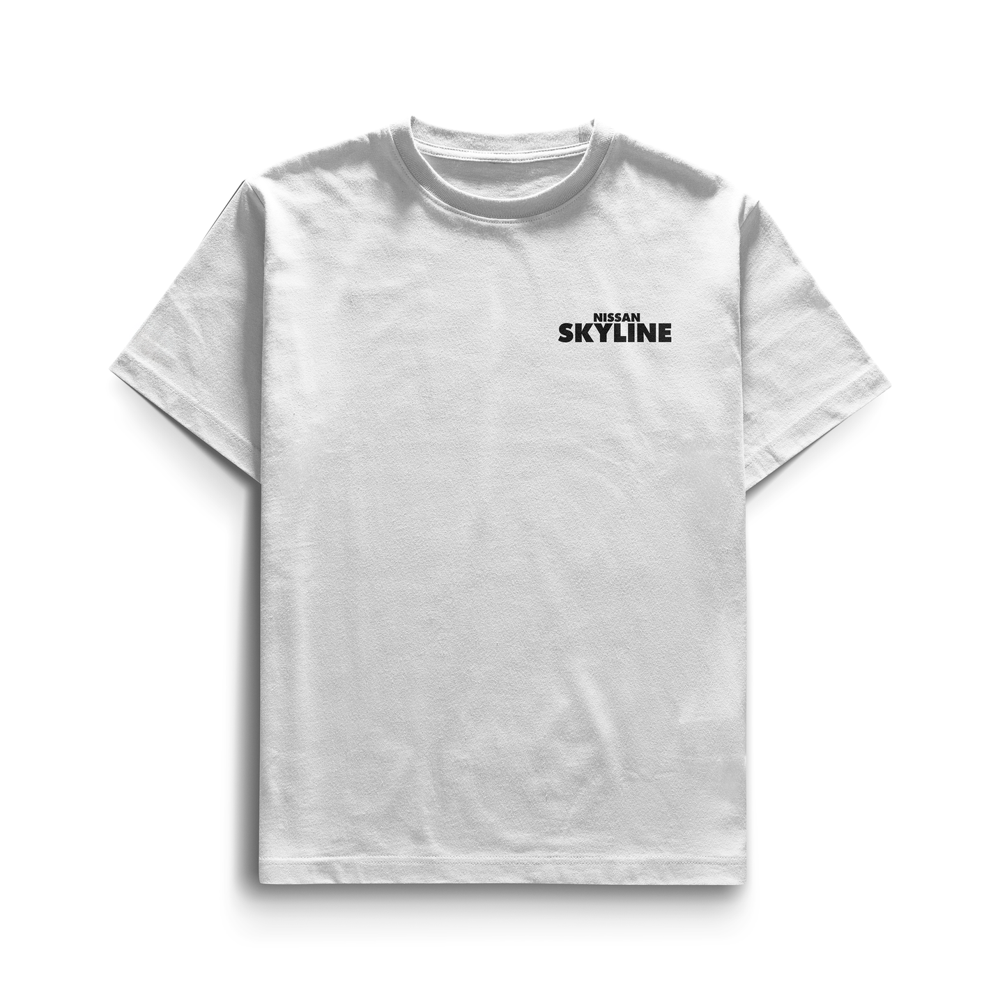 Black and white T-shirts featuring detailed blueprints and an illustration of the Nissan Skyline GT-R R34 with bold “NISSAN SKYLINE” lettering in blue.