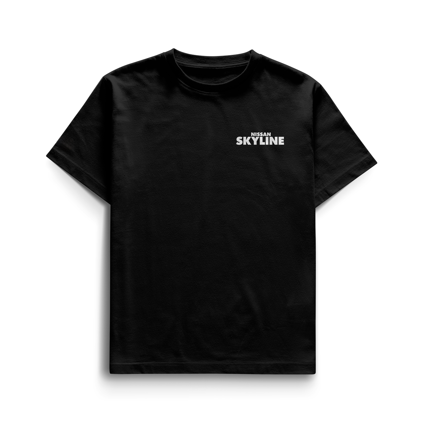 Black and white T-shirts featuring detailed blueprints and an illustration of the Nissan Skyline GT-R R34 with bold “NISSAN SKYLINE” lettering in blue.