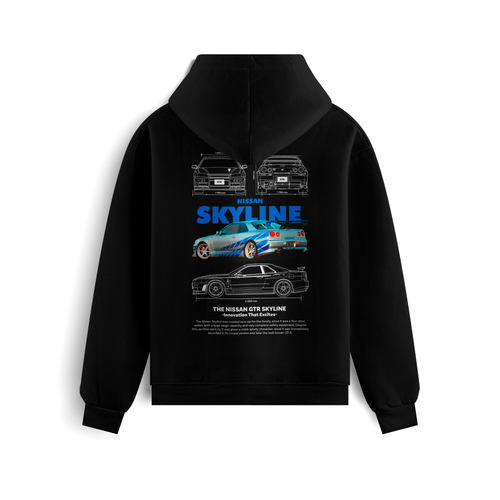 Black and white hoodies featuring the Nissan Skyline GT-R R34 blueprint design with technical views of the car and bold blue “SKYLINE” typography.