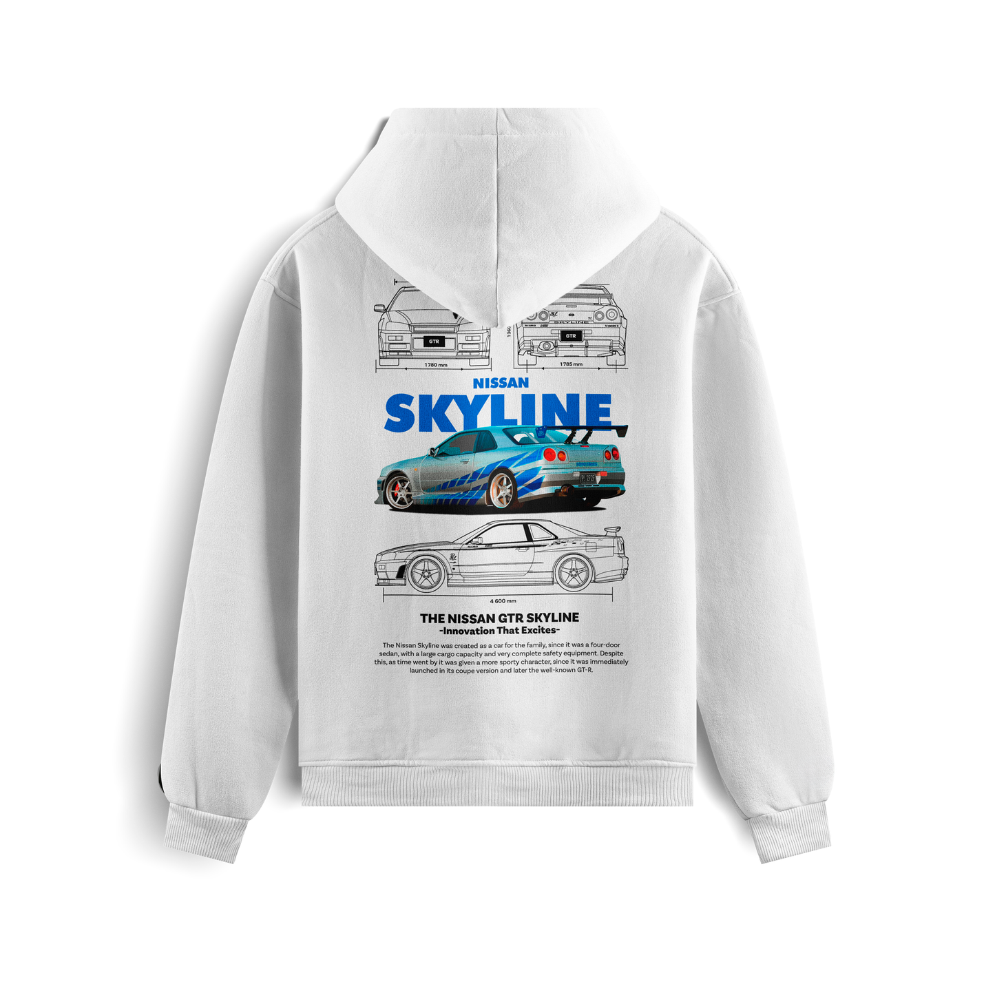 Black and white hoodies featuring the Nissan Skyline GT-R R34 blueprint design with technical views of the car and bold blue “SKYLINE” typography.