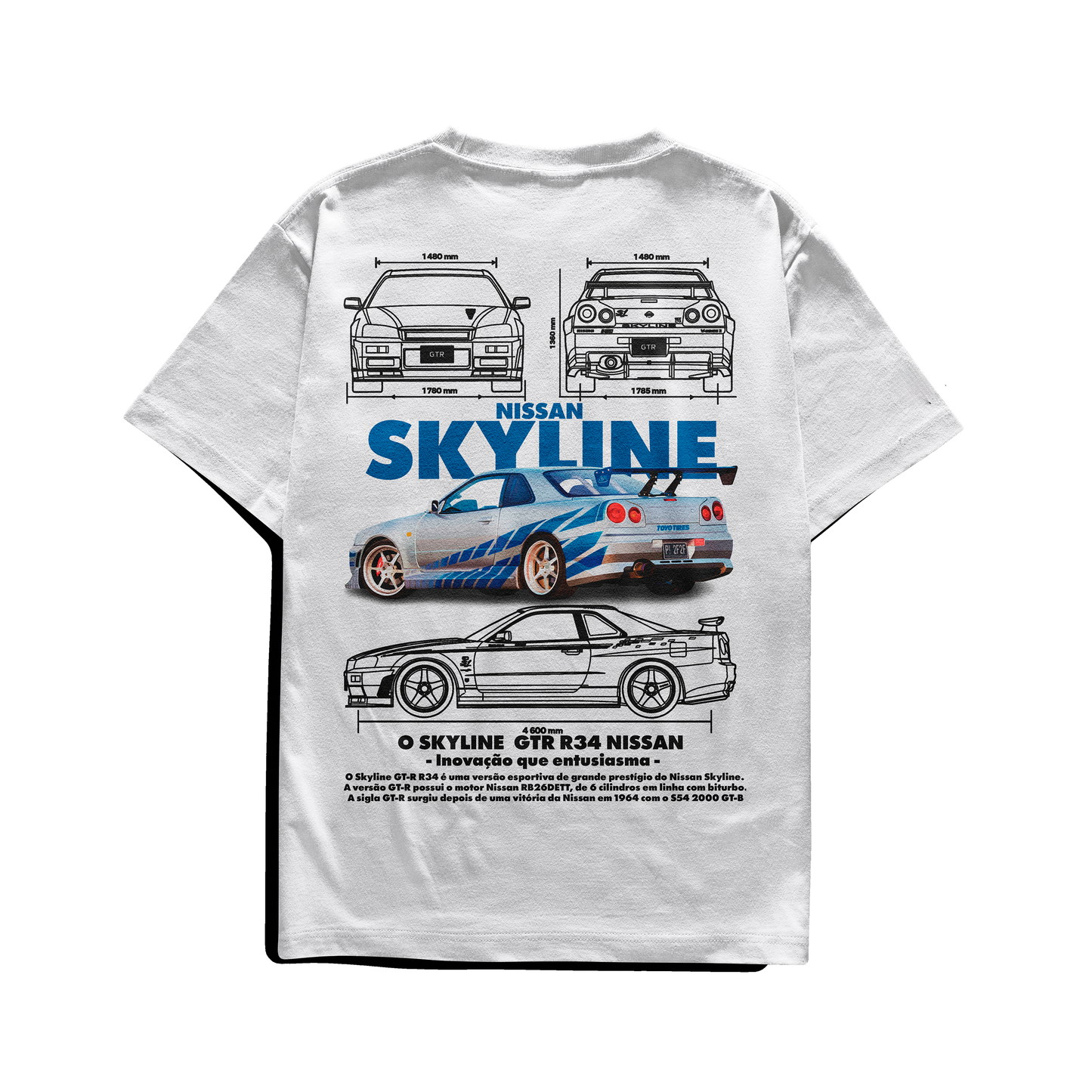 Black and white T-shirts featuring detailed blueprints and an illustration of the Nissan Skyline GT-R R34 with bold “NISSAN SKYLINE” lettering in blue.