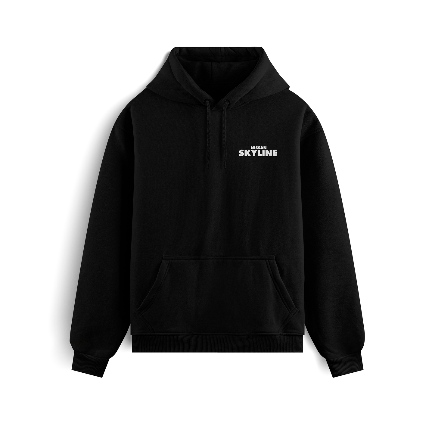 Black and white hoodies featuring the Nissan Skyline GT-R R34 blueprint design with technical views of the car and bold blue “SKYLINE” typography.