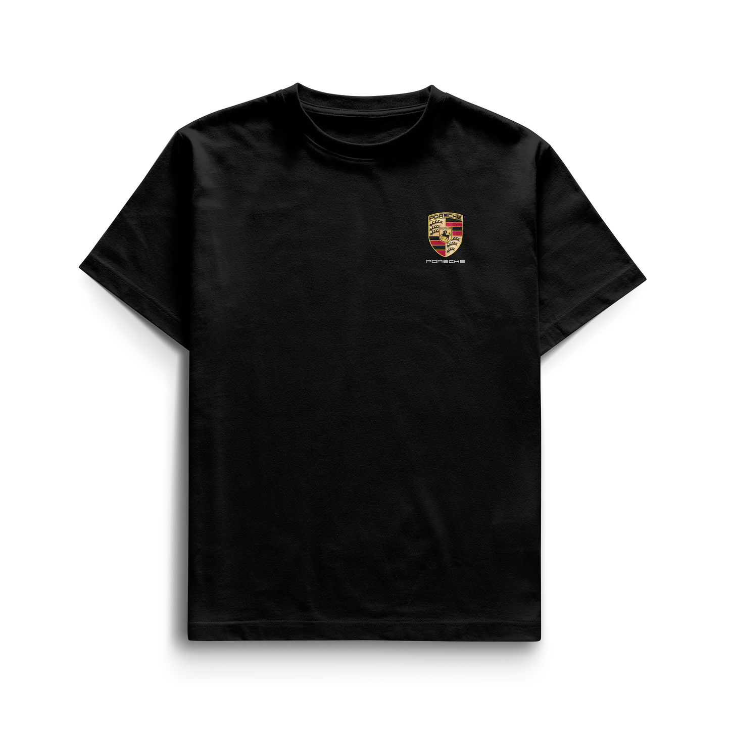 Black and white T-shirts featuring the Porsche crest on the front and a detailed 911 GT3 RS car illustration on the back, with performance specs and German flag design.
