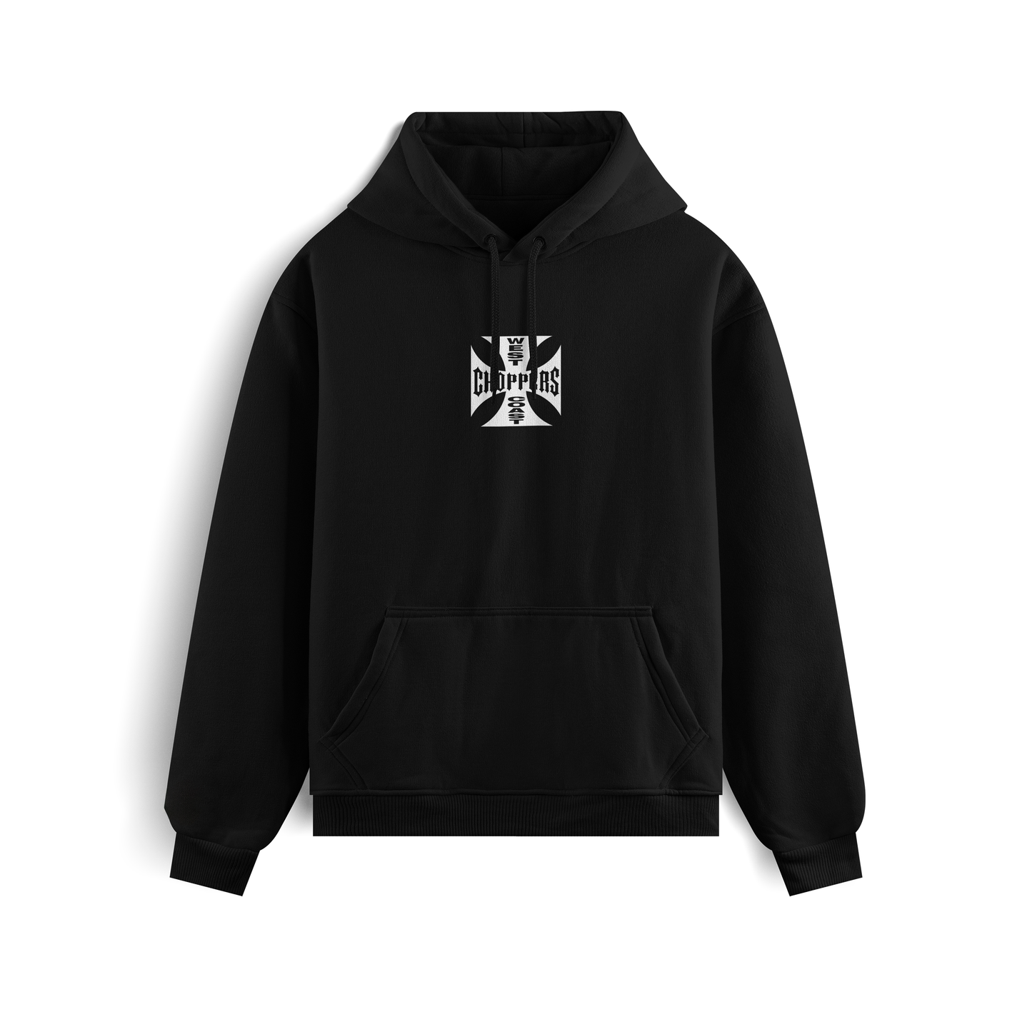 Black and white hoodies featuring the West Coast Choppers iron cross logo on the front and back, with “Long Beach, CA” typography in bold biker style.