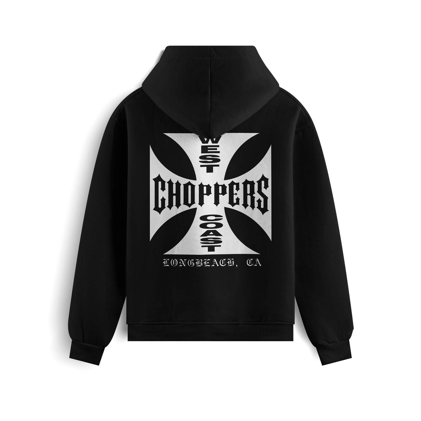 Black and white hoodies featuring the West Coast Choppers iron cross logo on the front and back, with “Long Beach, CA” typography in bold biker style.