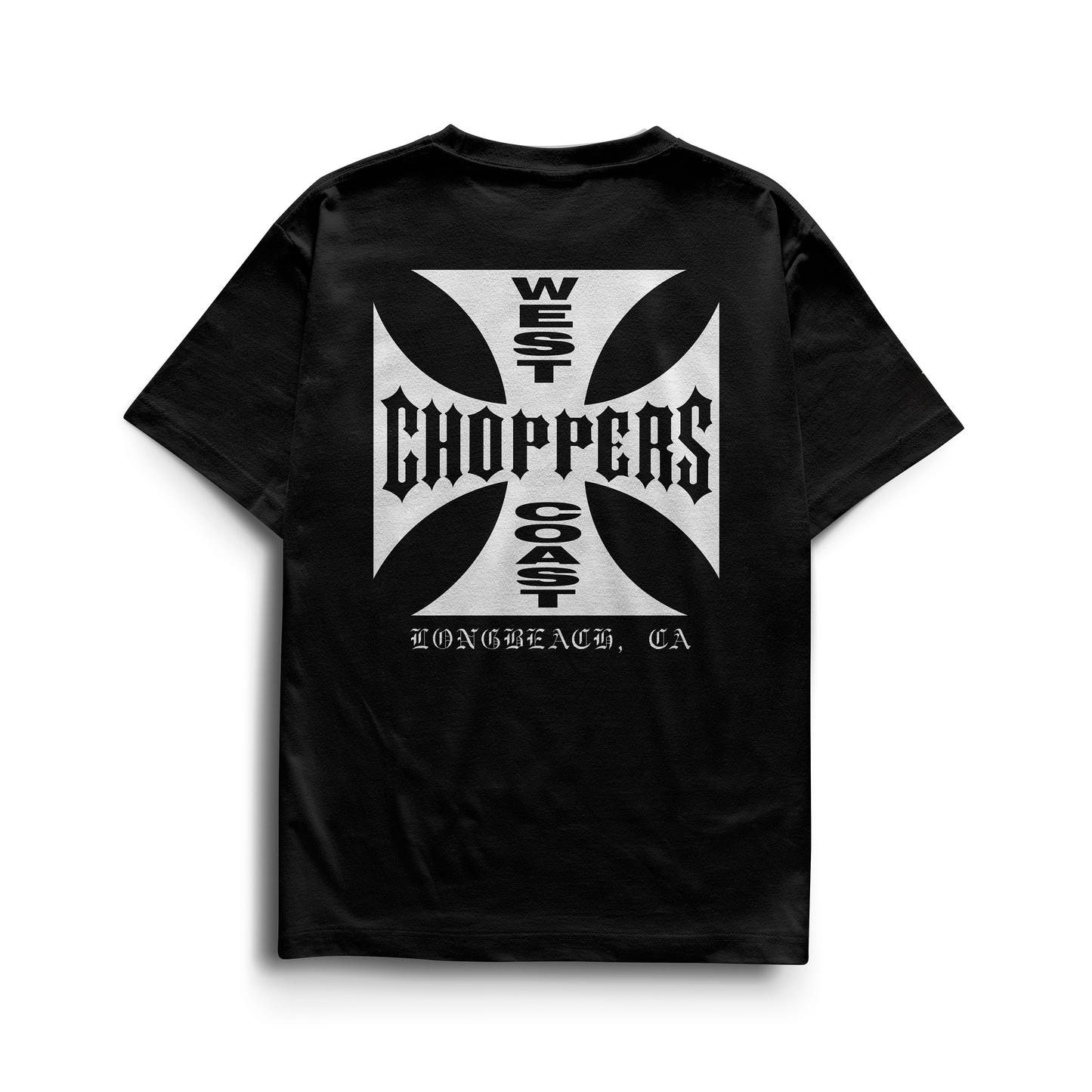 Black and white T-shirts featuring the West Coast Choppers iron-cross logo on the chest and back, inspired by Brian O’Conner’s street-racing style.