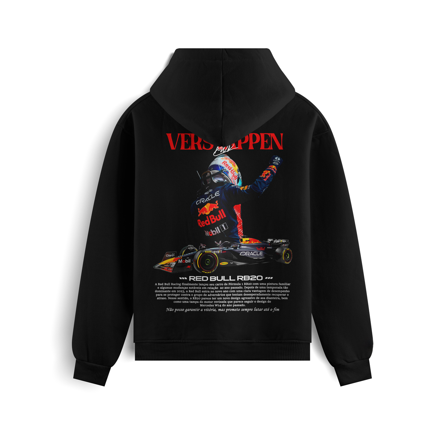 Black and white Formula 1 hoodies featuring Verstappen’s name and Red Bull RB20 car graphic on the back, and a minimalist red Formula 1 logo on the front chest