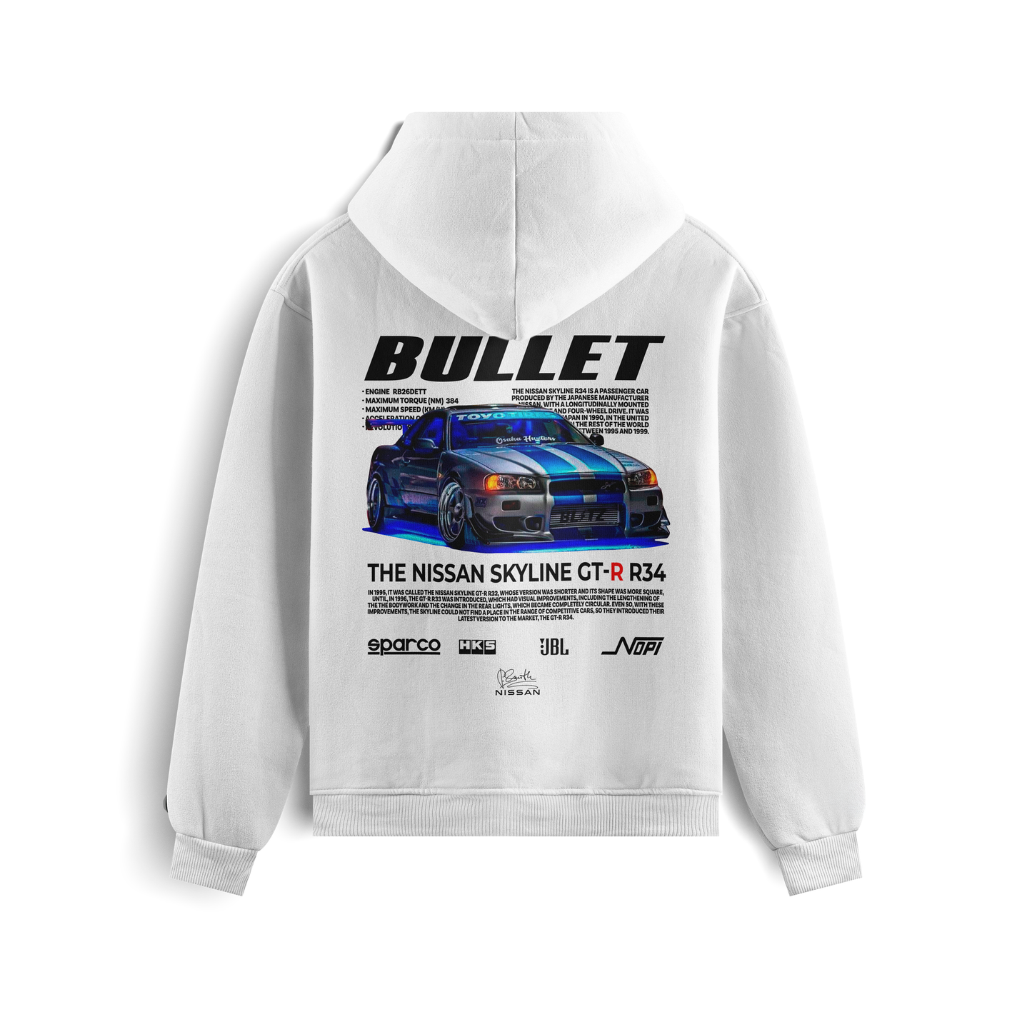 Black and white hoodies featuring the Nissan Skyline GT-R R34 “Bullet” graphic on the back, showing the blue car design, and minimalist “Nissan Skyline” text on the front.