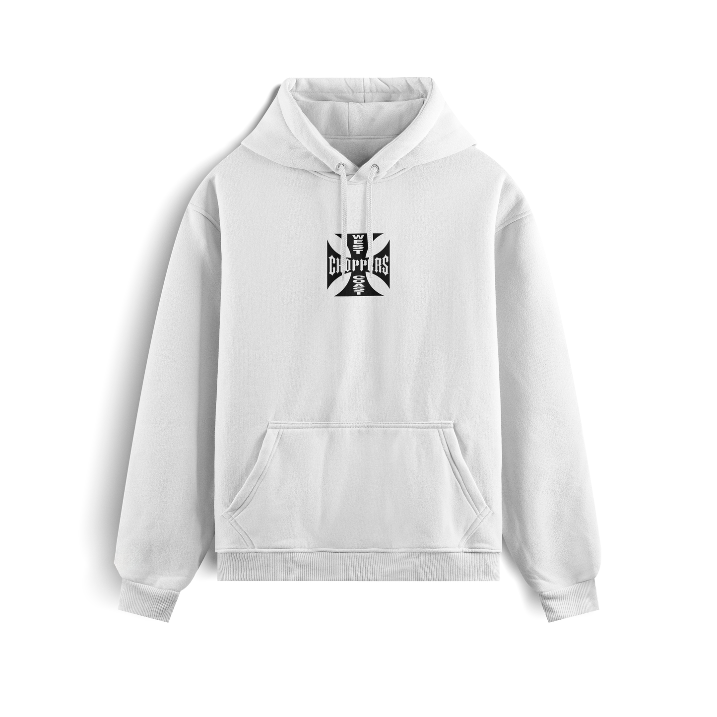 Black and white hoodies featuring the West Coast Choppers iron cross logo on the front and back, with “Long Beach, CA” typography in bold biker style.