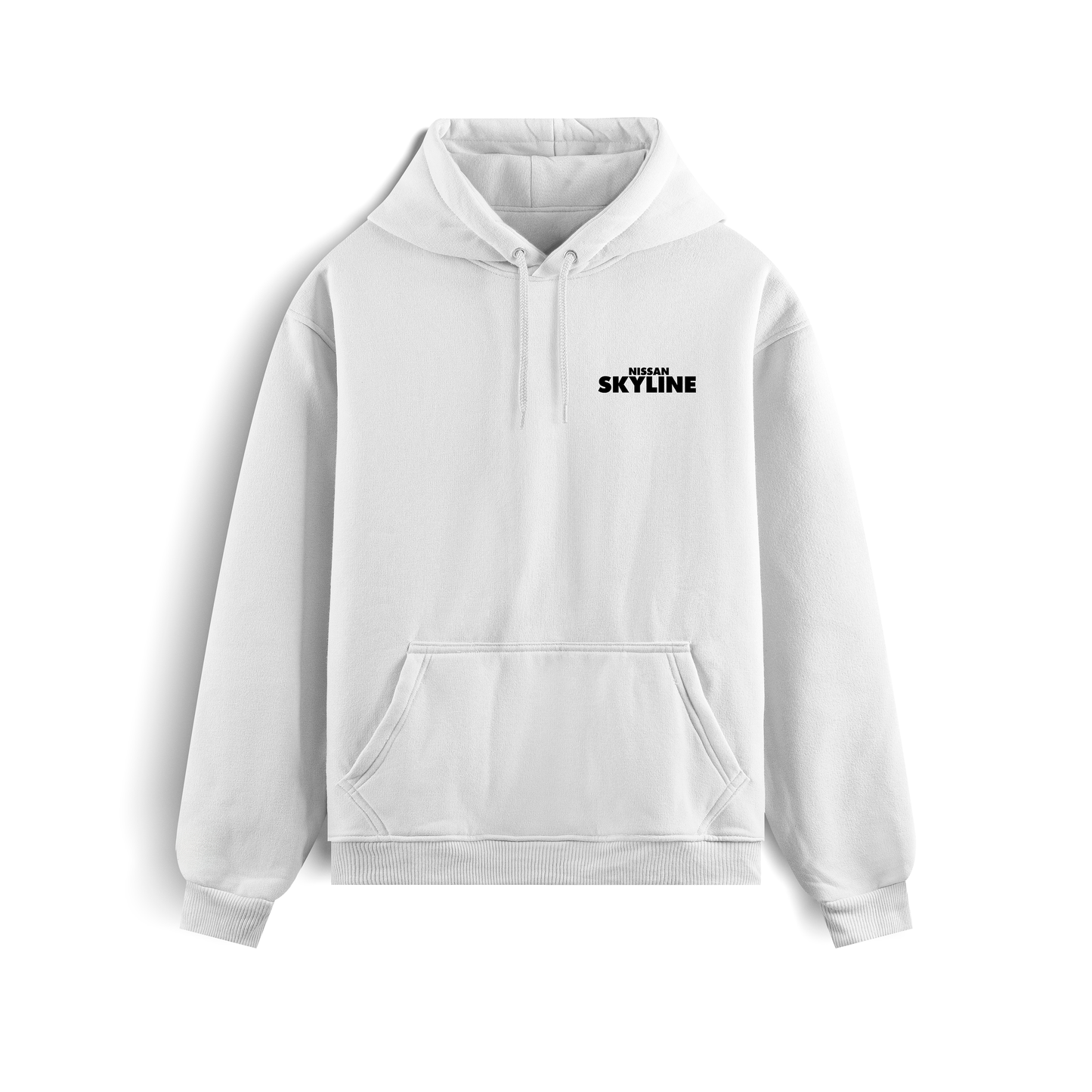 Black and white hoodies featuring the Nissan Skyline GT-R R34 blueprint design with technical views of the car and bold blue “SKYLINE” typography.