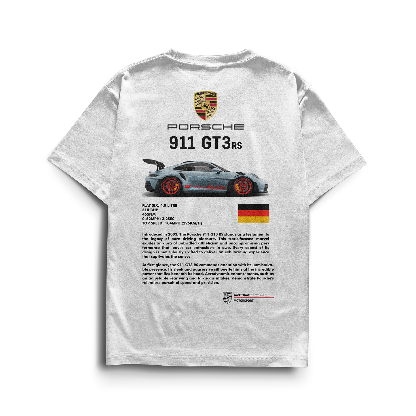 Black and white T-shirts featuring the Porsche crest on the front and a detailed 911 GT3 RS car illustration on the back, with performance specs and German flag design.
