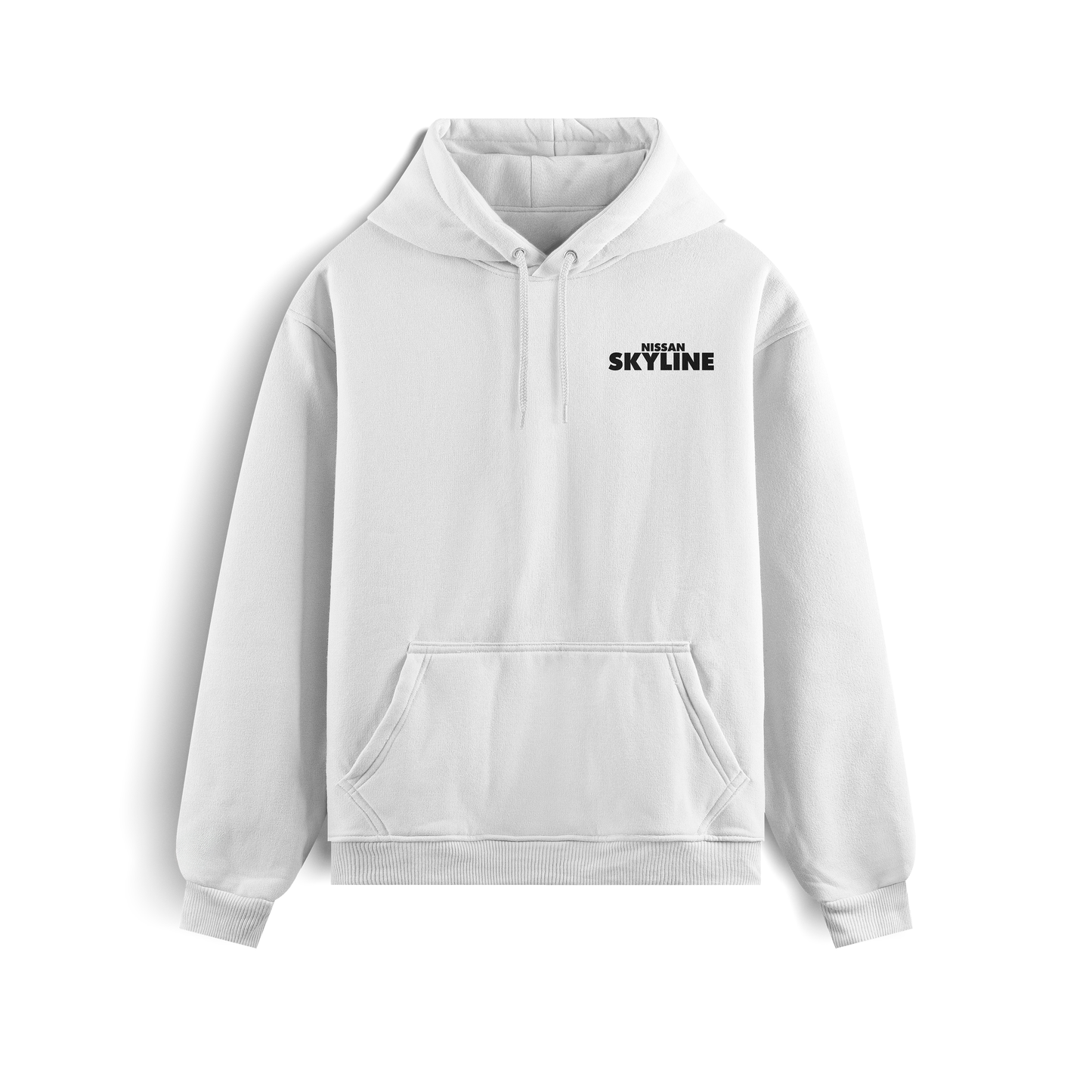 Black and white hoodies featuring the Nissan Skyline GT-R R34 “Bullet” graphic on the back, showing the blue car design, and minimalist “Nissan Skyline” text on the front.