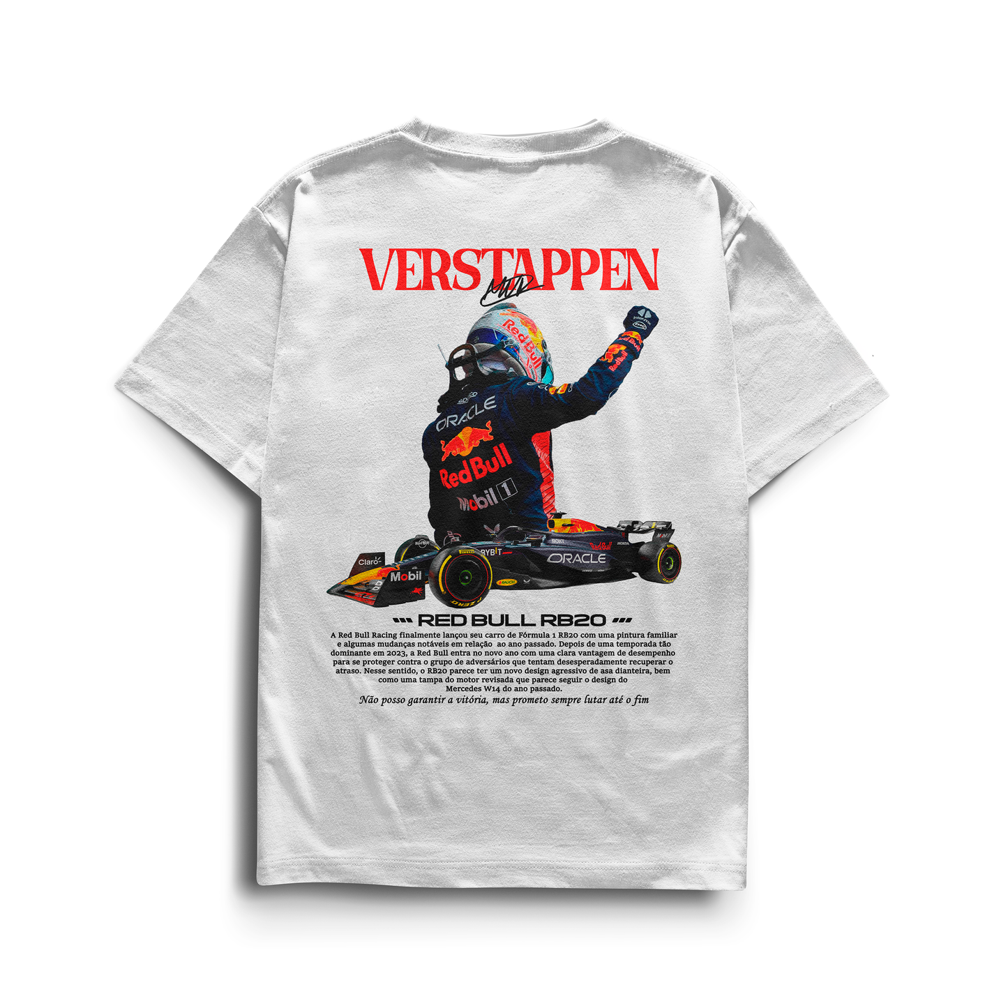 Black and white T-shirts featuring Max Verstappen celebrating in his Red Bull RB20 Formula 1 car with “Verstappen” text and detailed race-inspired design.