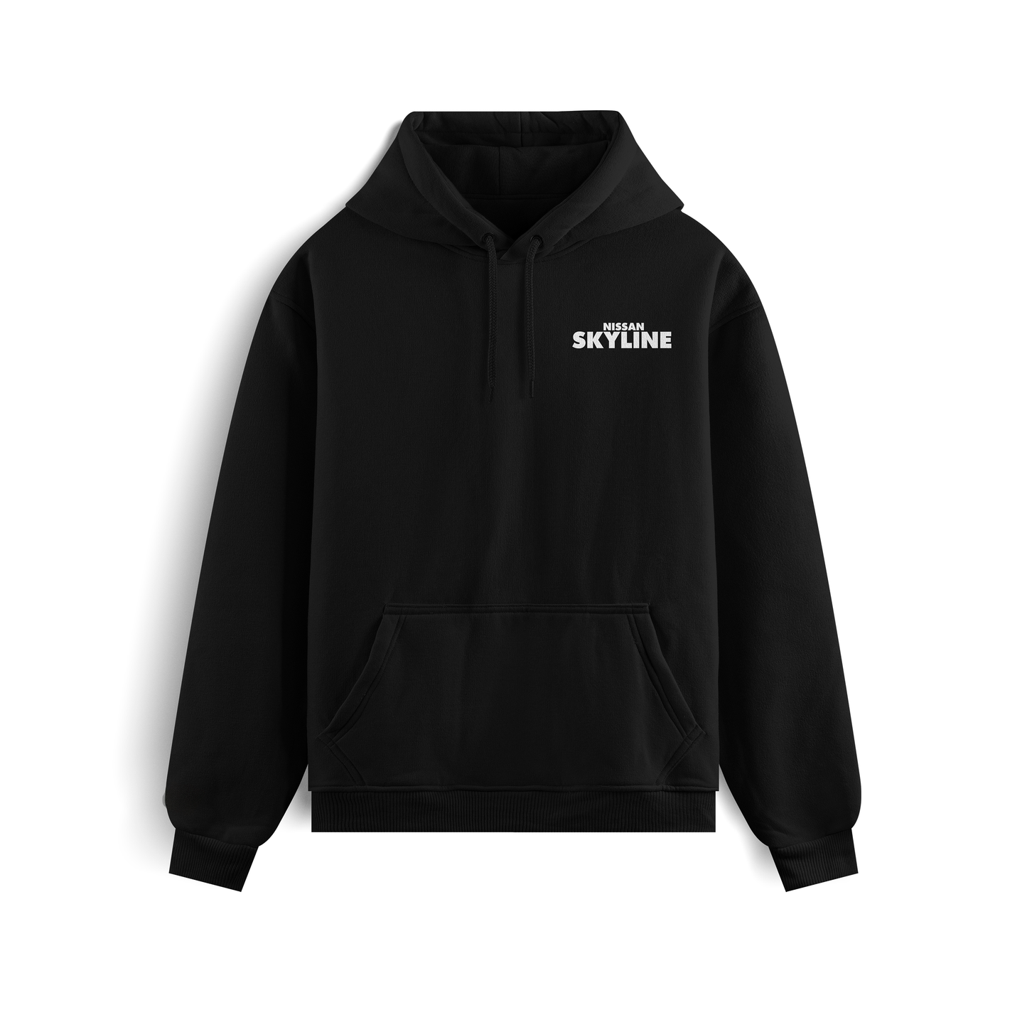 Black and white hoodies featuring the Nissan Skyline GT-R R34 “Bullet” graphic on the back, showing the blue car design, and minimalist “Nissan Skyline” text on the front.