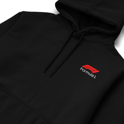 Black and white Formula 1 hoodies featuring Verstappen’s name and Red Bull RB20 car graphic on the back, and a minimalist red Formula 1 logo on the front chest