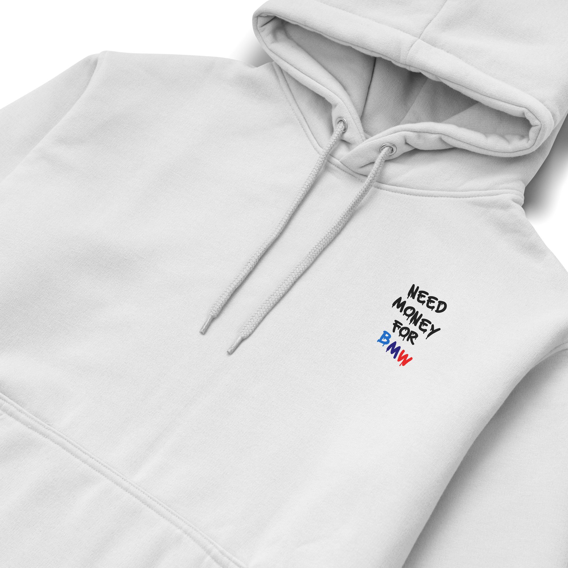 Black and white hoodies with the phrase “Need Money for BMW” in bold graffiti-style letters, featuring BMW M colors (blue, navy, and red) on the back and chest.