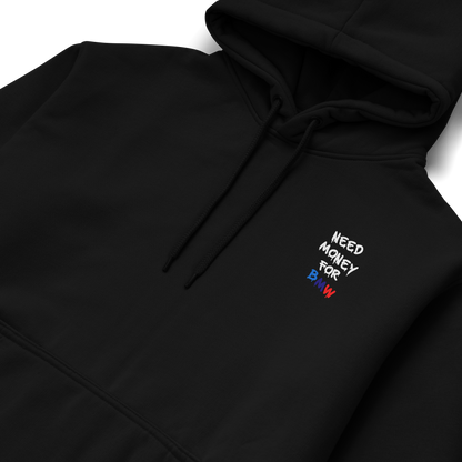 Black and white hoodies with the phrase “Need Money for BMW” in bold graffiti-style letters, featuring BMW M colors (blue, navy, and red) on the back and chest.