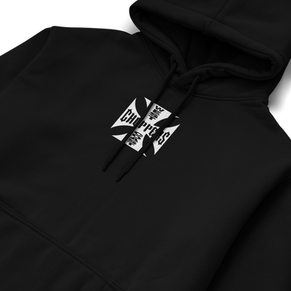 Black and white hoodies featuring the West Coast Choppers iron cross logo on the front and back, with “Long Beach, CA” typography in bold biker style.