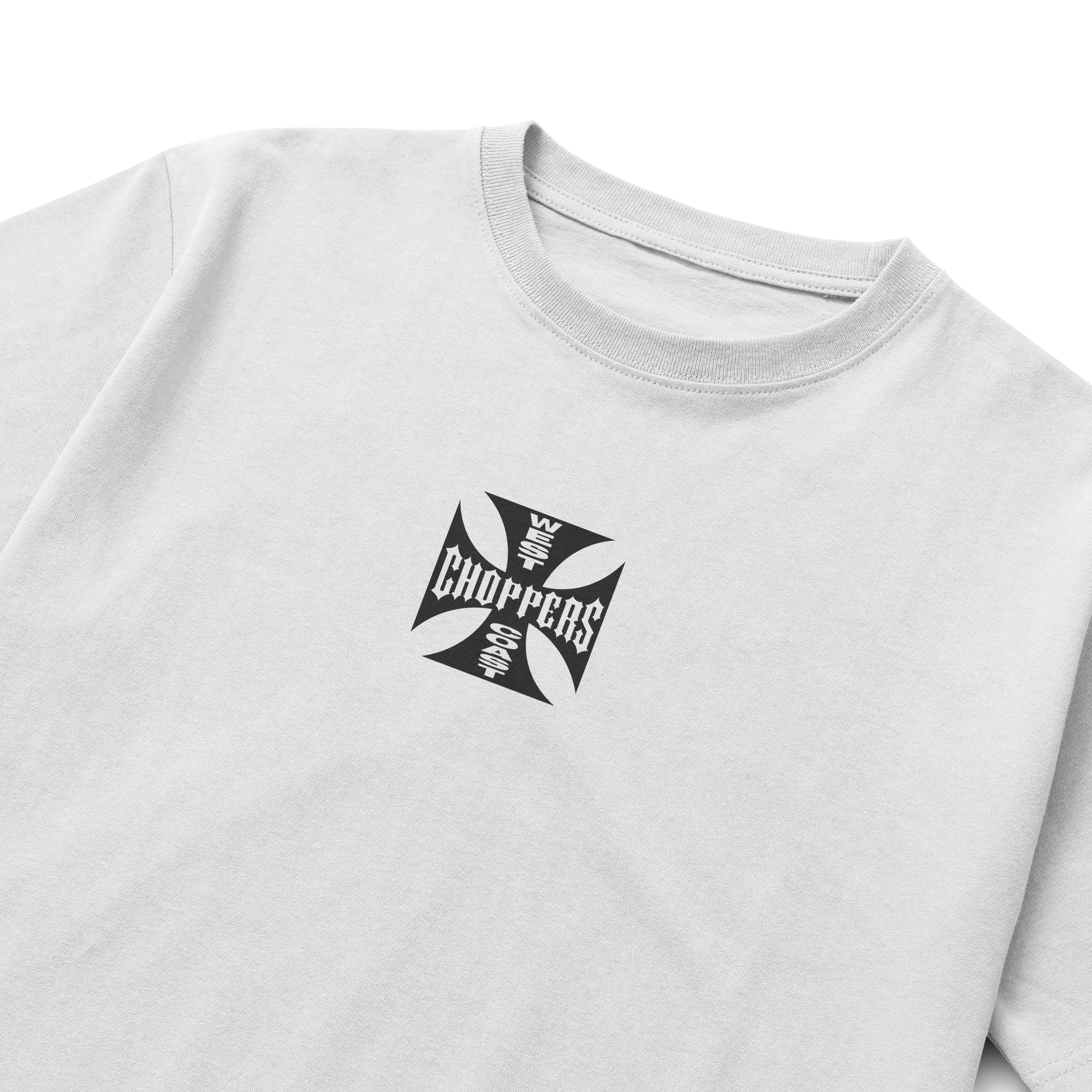 Black and white T-shirts featuring the West Coast Choppers iron-cross logo on the chest and back, inspired by Brian O’Conner’s street-racing style.