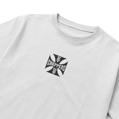 Black and white T-shirts featuring the West Coast Choppers iron-cross logo on the chest and back, inspired by Brian O’Conner’s street-racing style.