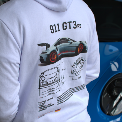 Black and white hoodies inspired by the Porsche 911 GT3 RS, featuring a sporty design with Porsche Club branding and premium automotive styling.