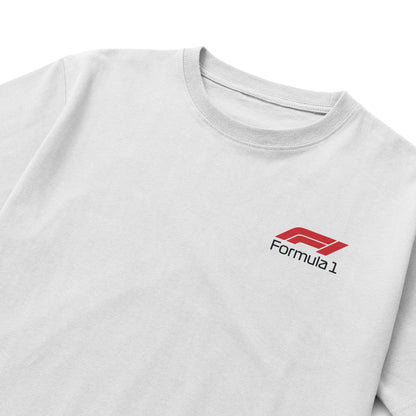 Black and white T-shirts featuring Max Verstappen celebrating in his Red Bull RB20 Formula 1 car with “Verstappen” text and detailed race-inspired design.