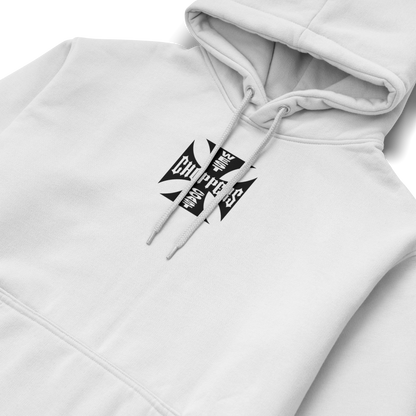 Black and white hoodies featuring the West Coast Choppers iron cross logo on the front and back, with “Long Beach, CA” typography in bold biker style.