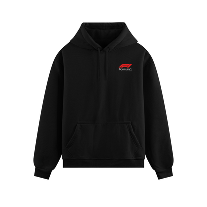 Black and white Formula 1 hoodies featuring Verstappen’s name and Red Bull RB20 car graphic on the back, and a minimalist red Formula 1 logo on the front chest