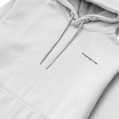 Pink Porsche 911 GT3 RS hoodie featuring premium cotton blend fabric, sporty design inspired by the GT3 RS, and luxurious streetwear styling.