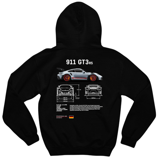 Black and white hoodies inspired by the Porsche 911 GT3 RS, featuring a sporty design with Porsche Club branding and premium automotive styling.