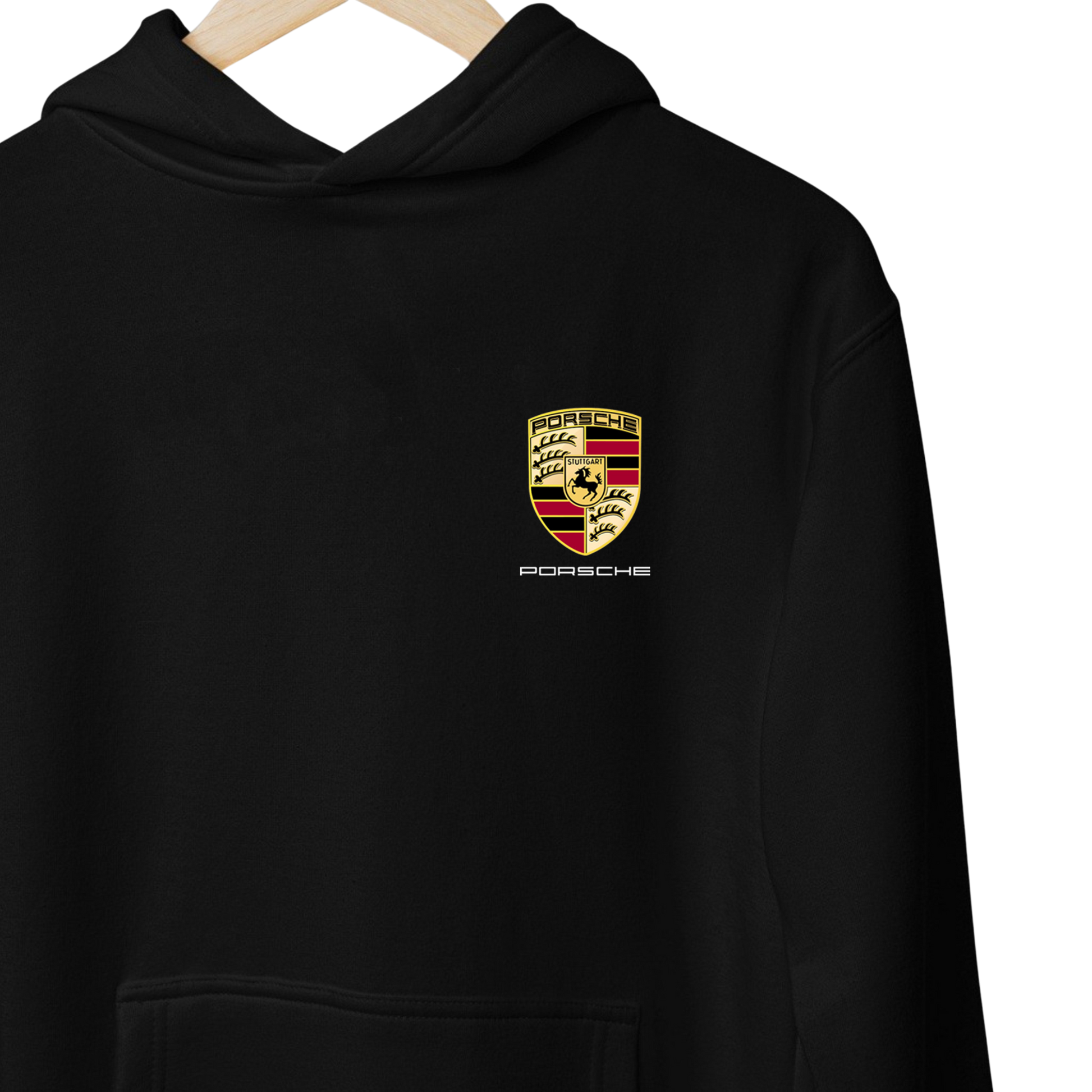 Black and white hoodies inspired by the Porsche 911 GT3 RS, featuring a sporty design with Porsche Club branding and premium automotive styling.