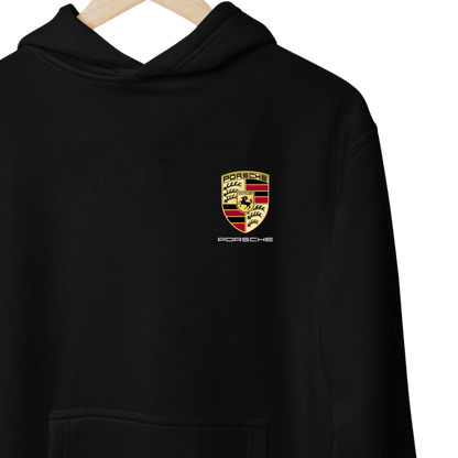 Black and white hoodies inspired by the Porsche 911 GT3 RS, featuring a sporty design with Porsche Club branding and premium automotive styling.