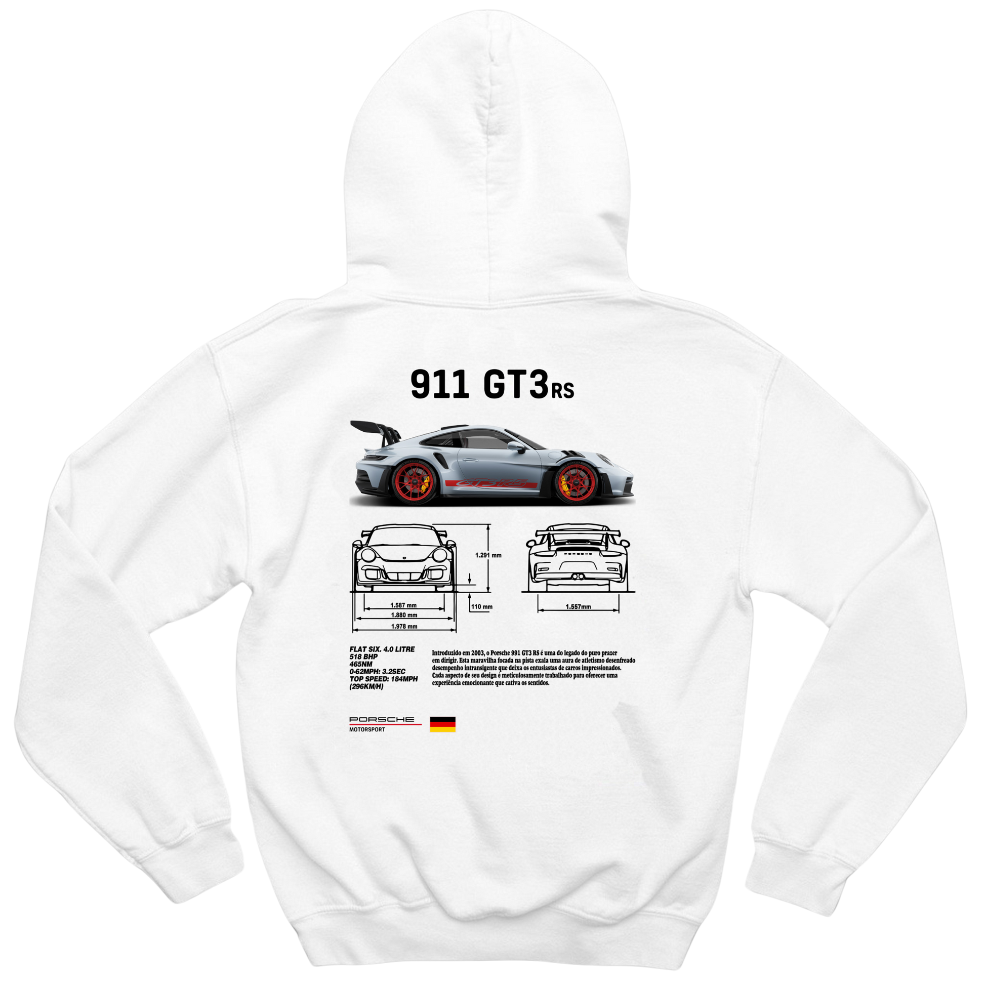 Black and white hoodies inspired by the Porsche 911 GT3 RS, featuring a sporty design with Porsche Club branding and premium automotive styling.