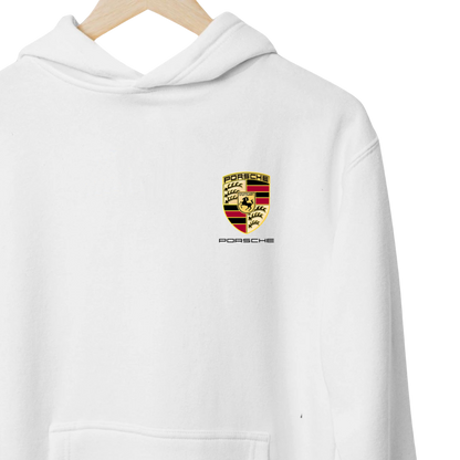 Black and white hoodies inspired by the Porsche 911 GT3 RS, featuring a sporty design with Porsche Club branding and premium automotive styling.