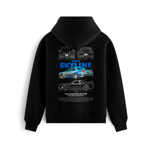 Black and white hoodies featuring the Nissan Skyline GT-R R34 blueprint design with technical views of the car and bold blue “SKYLINE” typography.